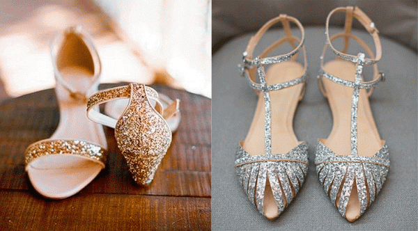 zapatos de novia planos dorados y plateados